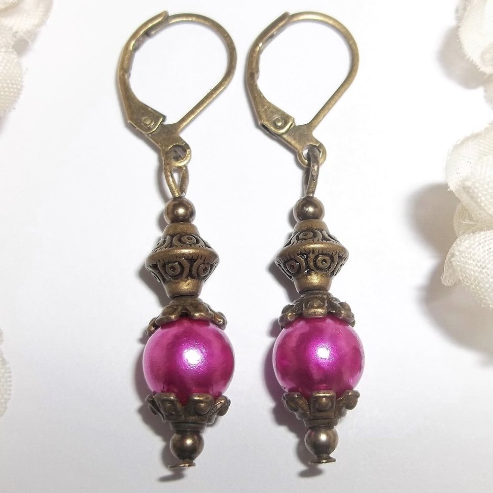 Bronze and Fushia Pink Pearl Earring Boho Style Jewelry Gift Idea Drop NWT D9126